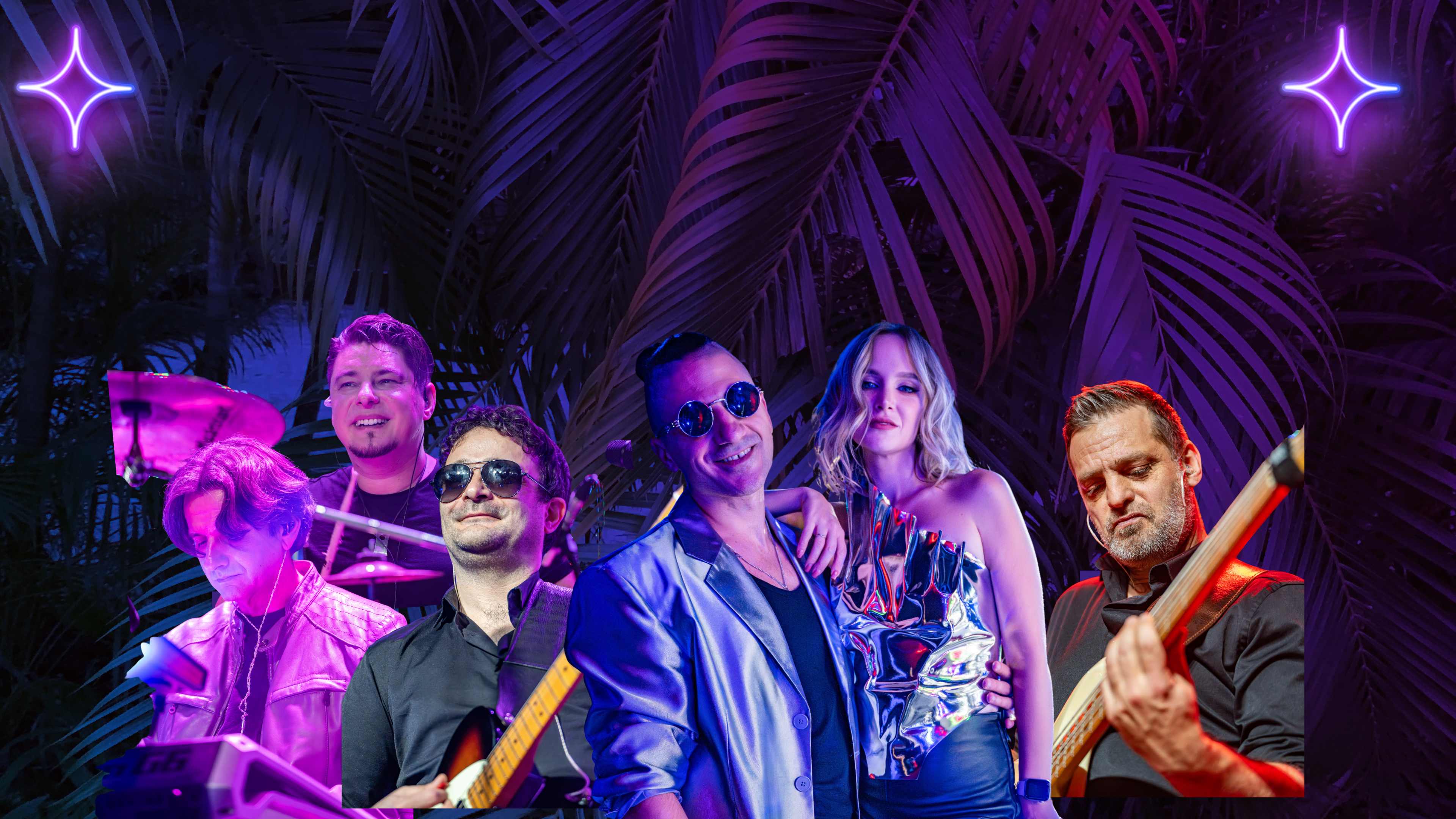 Betty Boom Bend - svi članovi benda sa palmama i neon zvezdicama u pozadini